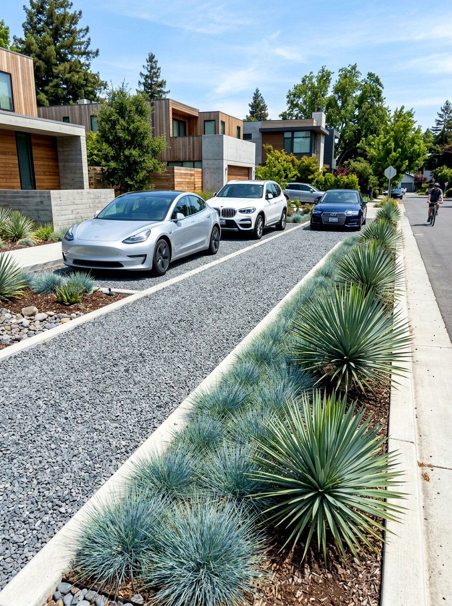 Modern gravel parking strip - 30 curbside planting strip ideas