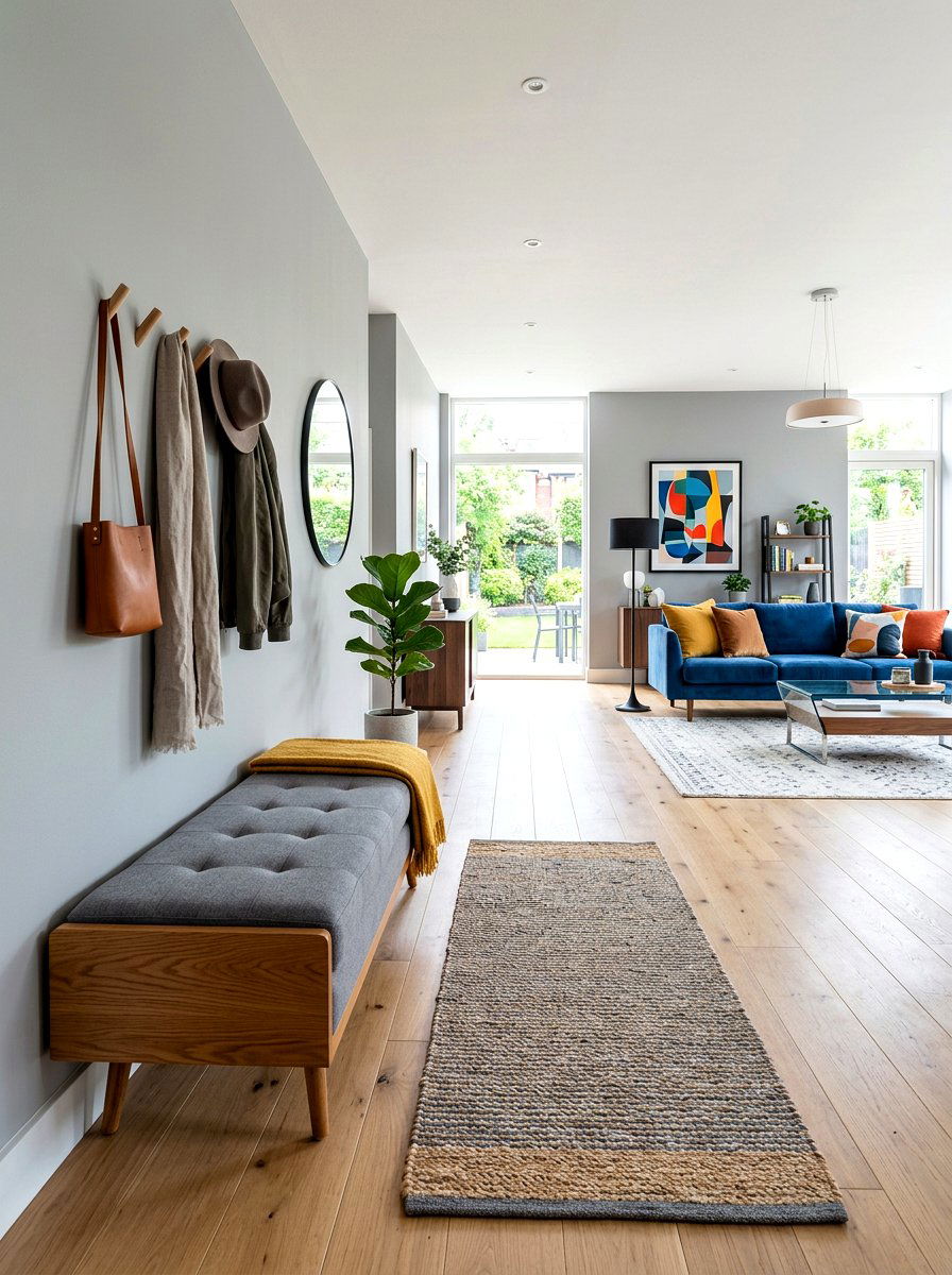 Modern gray bench with wood base - 30 warm gray and wood living room ideas