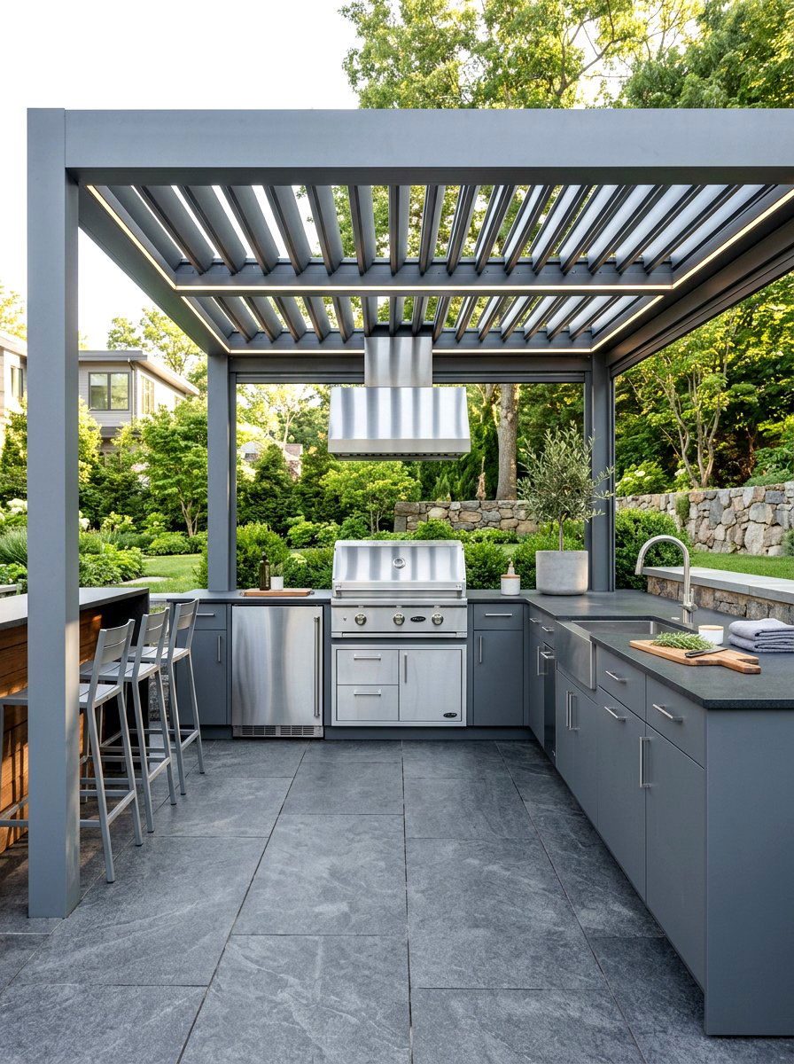Modern gray pergola kitchen - 30 pergola with kitchen ideas