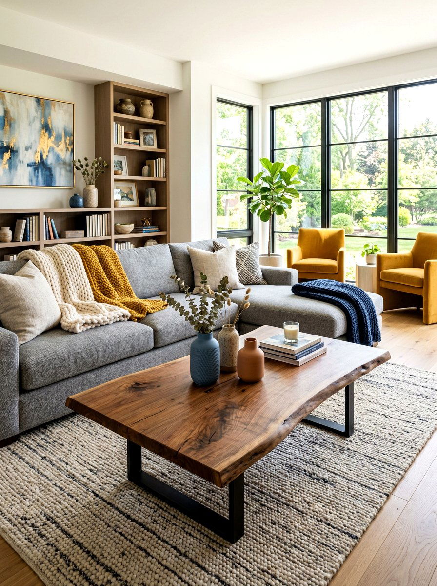 Modern gray sofa with wood coffee table - 30 warm gray and wood living room ideas