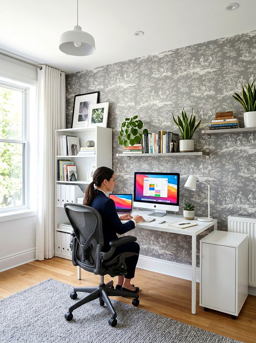 Modern gray toile office - 30 toile decor ideas