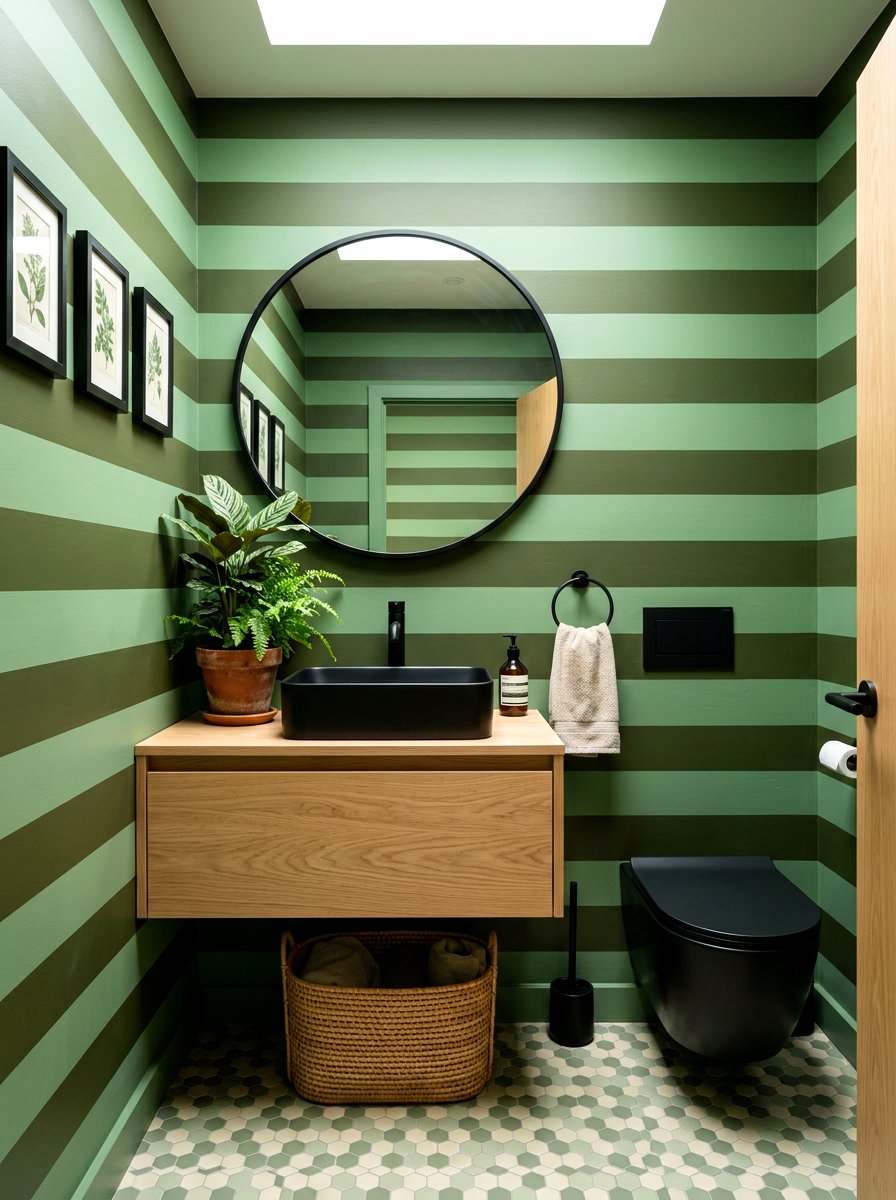 Modern green striped bathroom - 30 striped powder room ideas