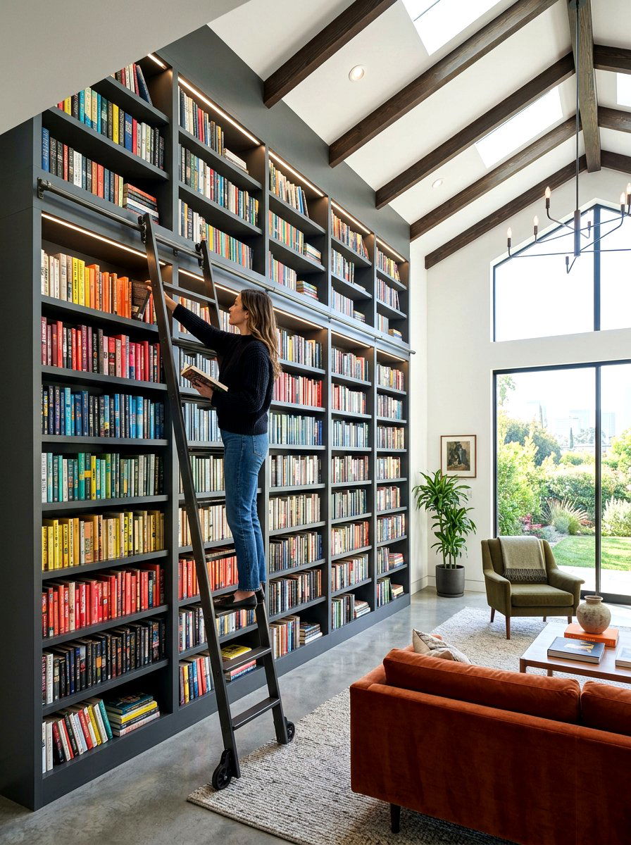 Modern library bookshelf with ladder - 30 bookshelf styling living room ideas