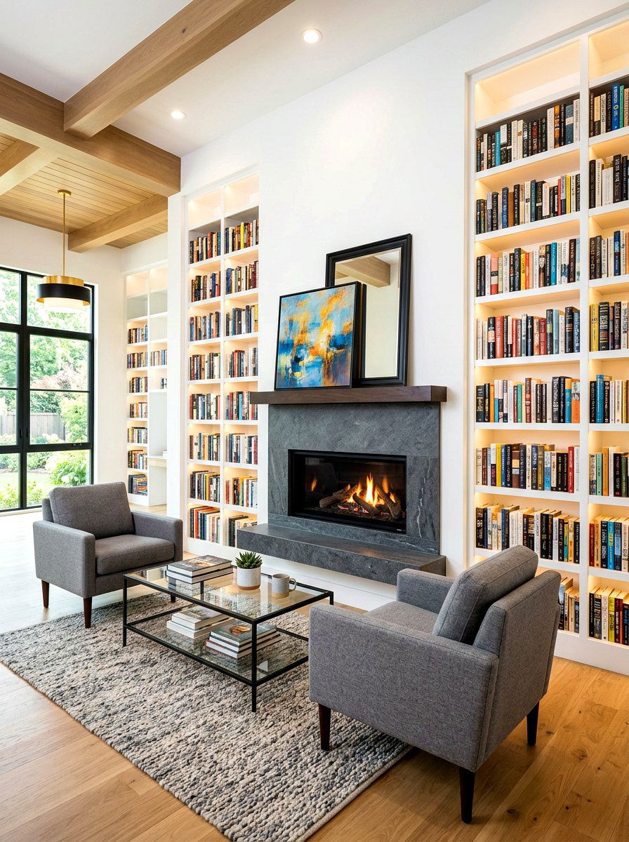 Modern library fireplace - 30 cozy library fall ideas