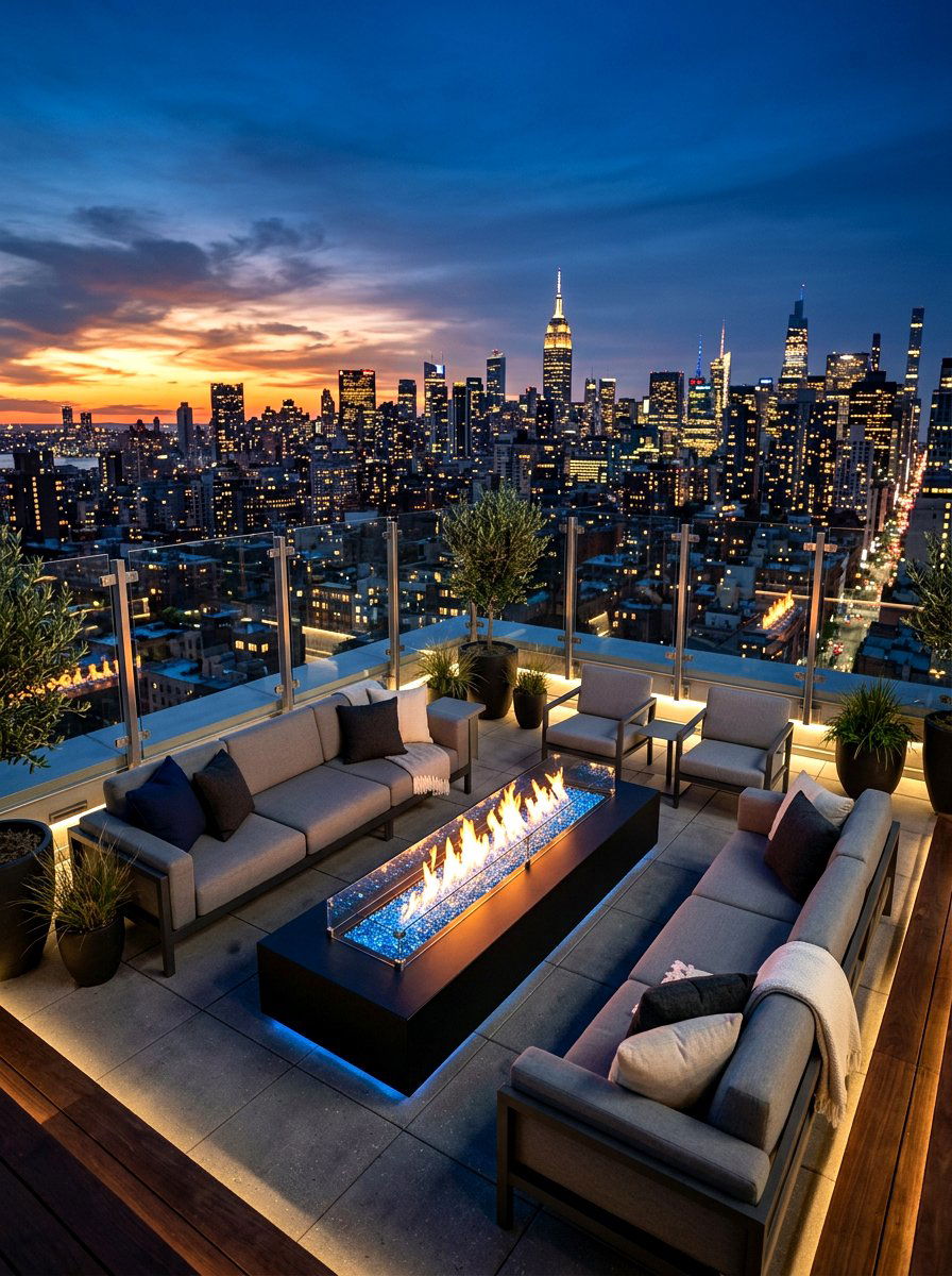 Modern linear fire table lounge - 30 backyard fireplace seating ideas