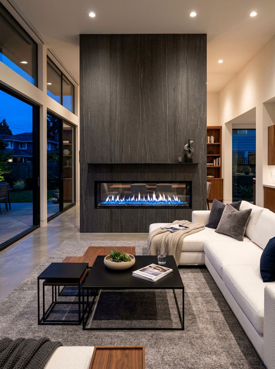 Modern linear gas fireplace - 30 patio fireplace lounge ideas
