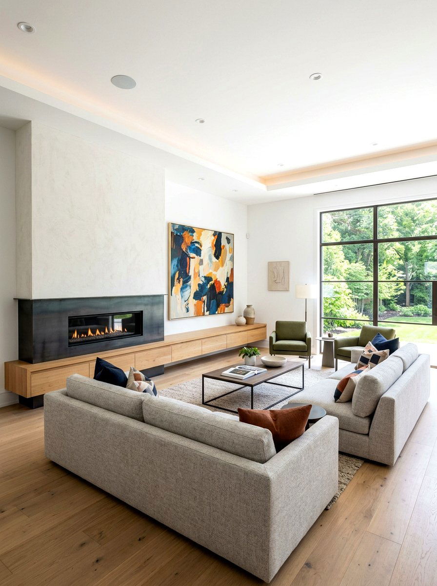 Modern living room with asymmetrical fireplace - 30 off center fireplace ideas