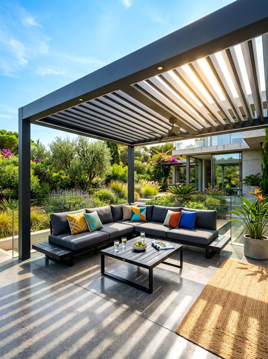 Modern louvered pergola - 30 pergola lounge area ideas