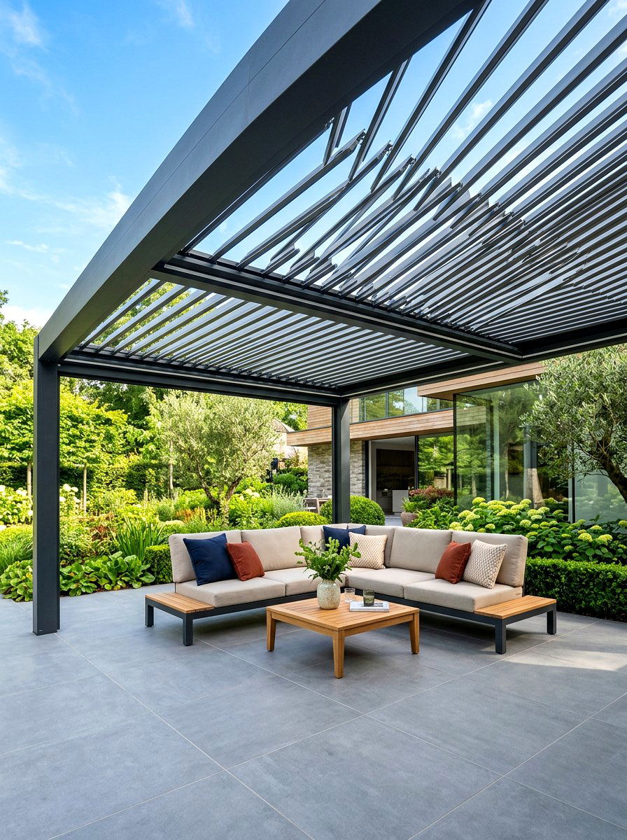 Modern louvered roof pergola - 30 pergola lounge patio ideas