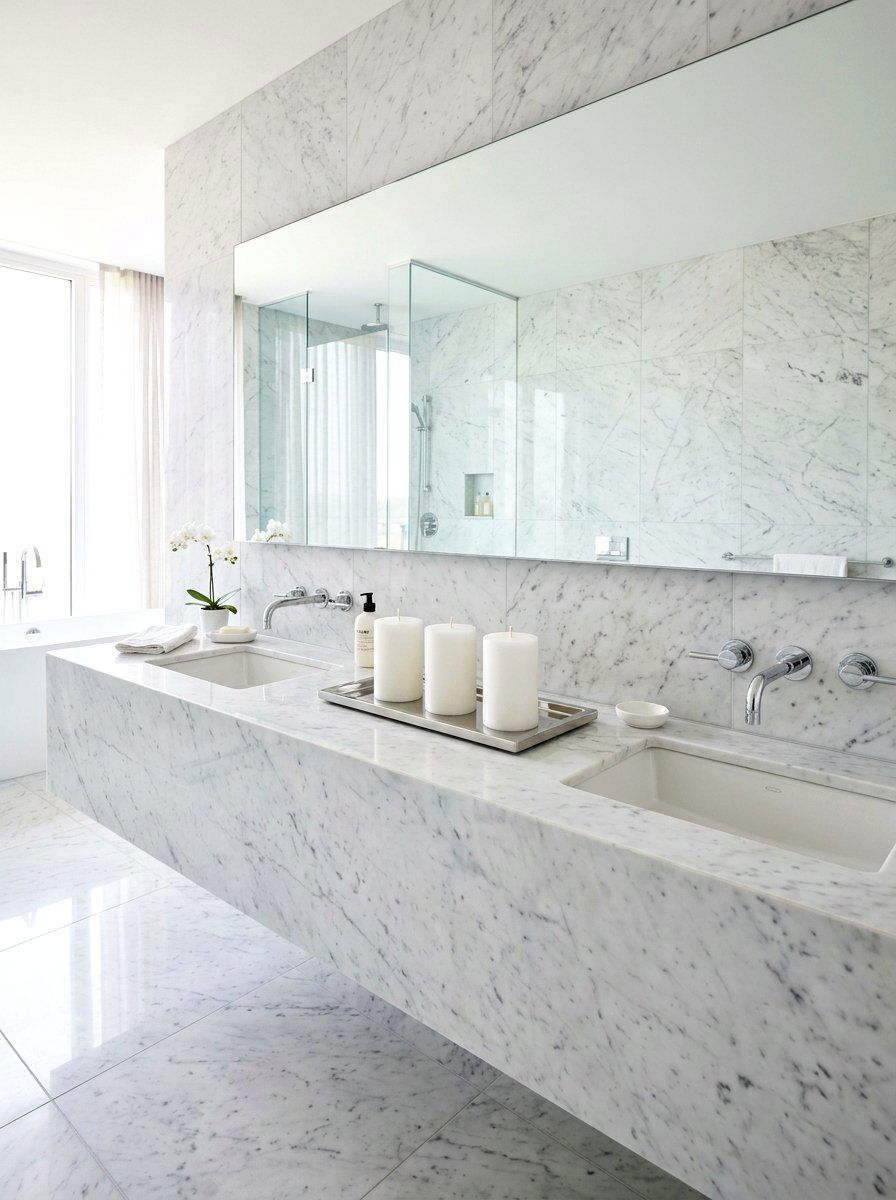Modern marble bathroom with candle tray - 30 candlelit bathroom ideas
