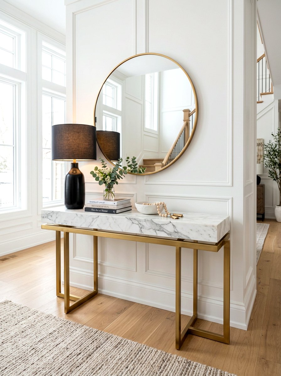 Modern marble top console - 30 foyer console styling ideas