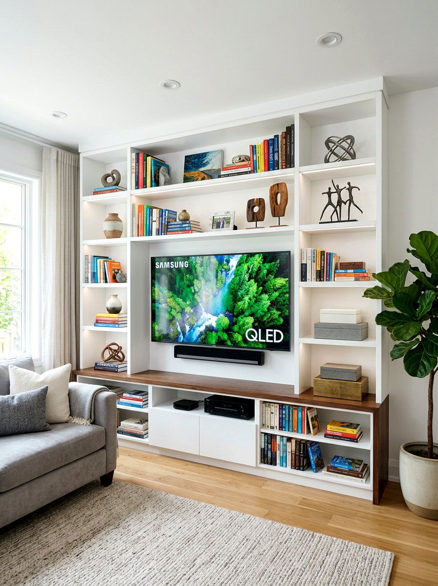 Modern media wall bookshelf - 30 bookshelf styling living room ideas