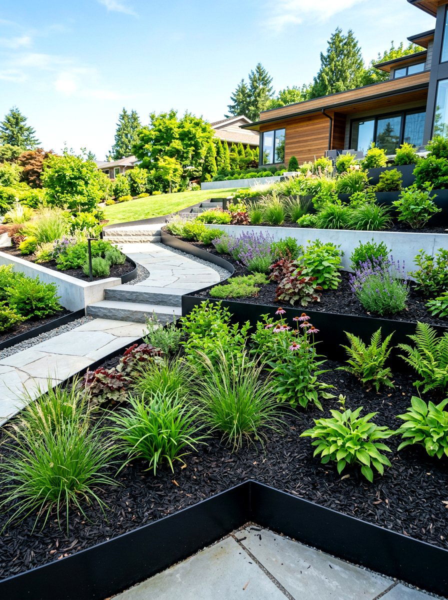 Modern metal edging - 30 split level backyard ideas