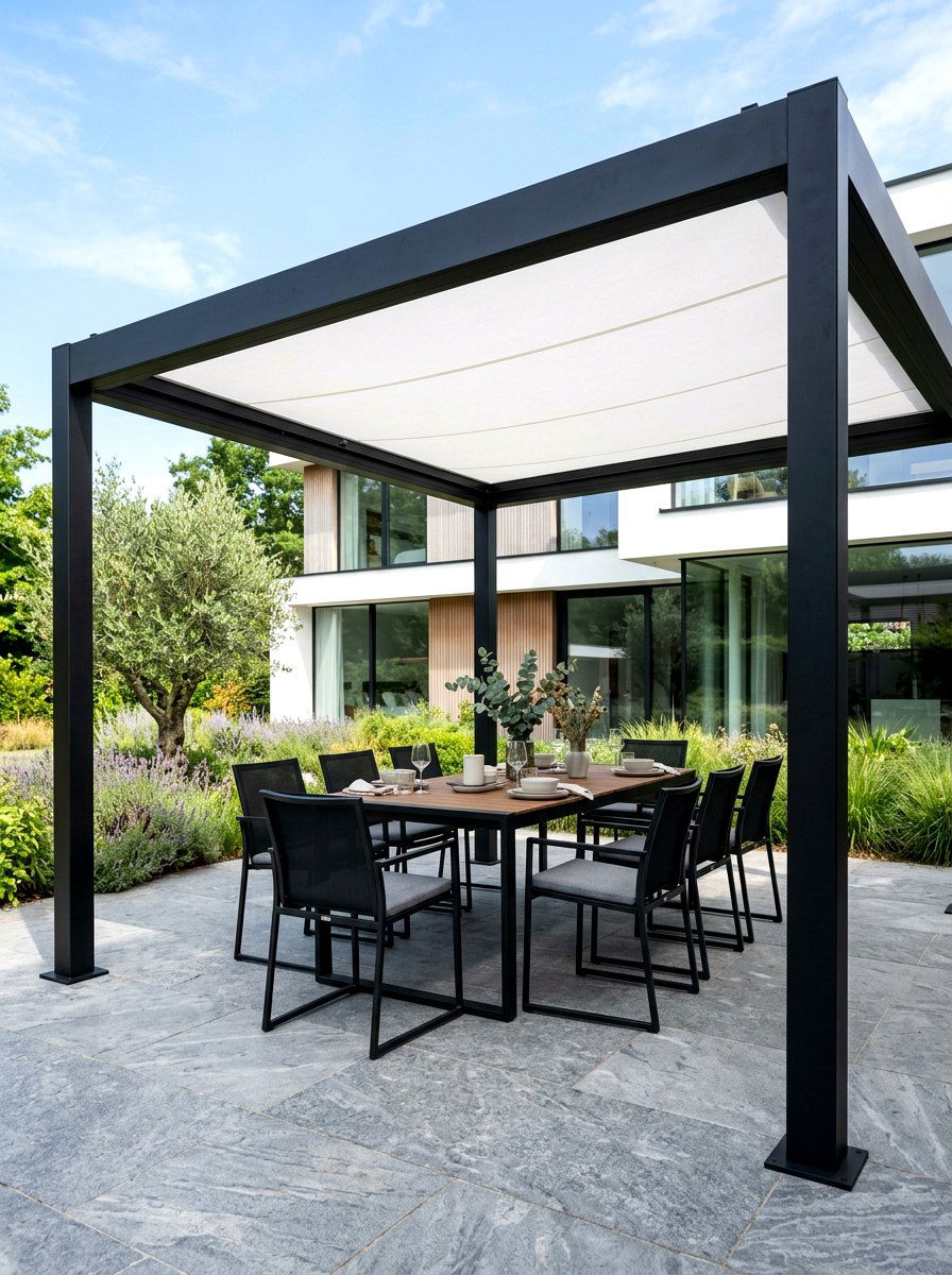 Modern metal pergola - 30 neutral backyard styling ideas