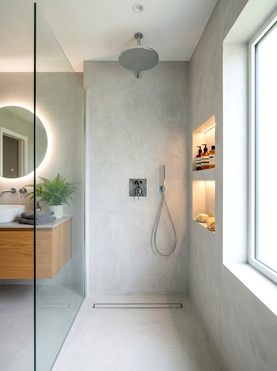 Modern microcement walk in shower - 30 microcement bathroom ideas