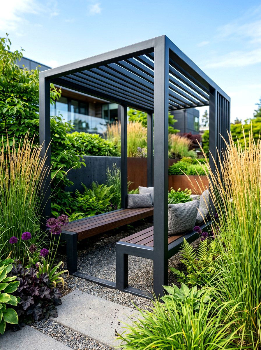 Modern minimalist arbor seat - 30 garden arbor seating ideas