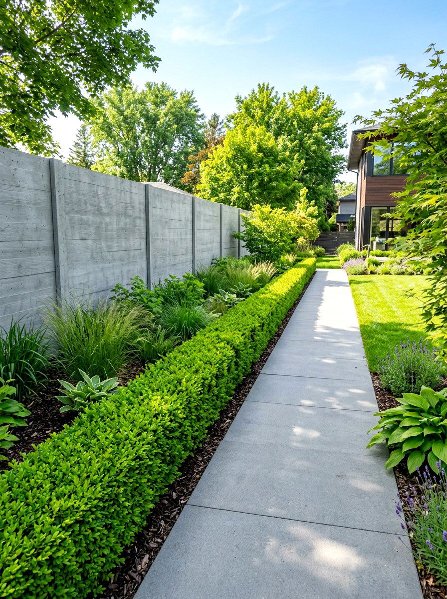 Modern minimalist boxwood border - 30 border planting ideas along fence