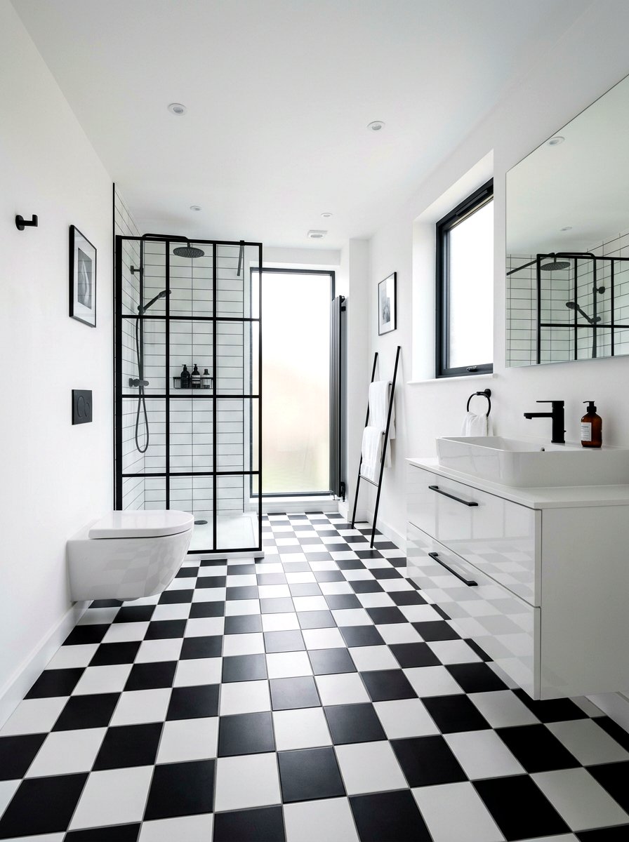Modern minimalist monochrome bathroom floor - 30 checkerboard bath floor ideas