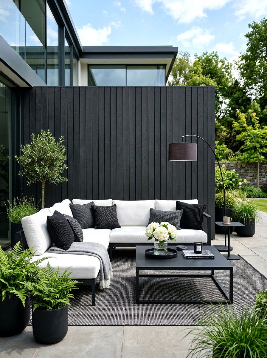 Modern monochrome outdoor lounge - 30 black and white patio ideas