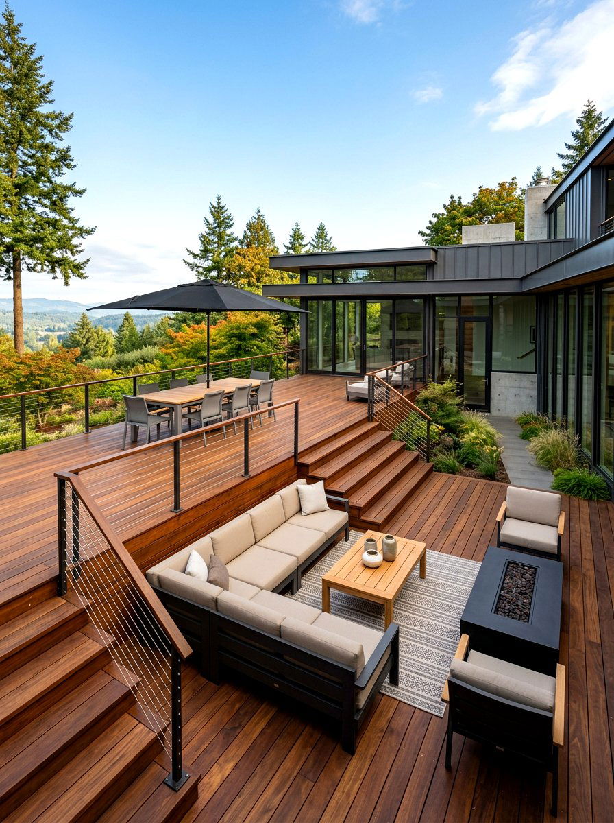 Modern multilevel wood deck - 30 warm minimalist garden ideas