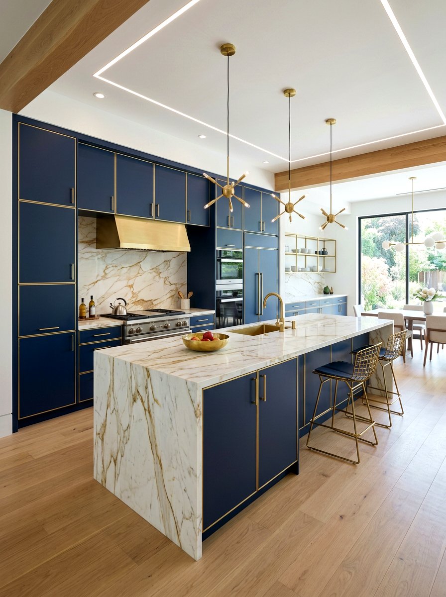 Modern navy kitchen with brass trim - 30 navy and brass kitchen ideas