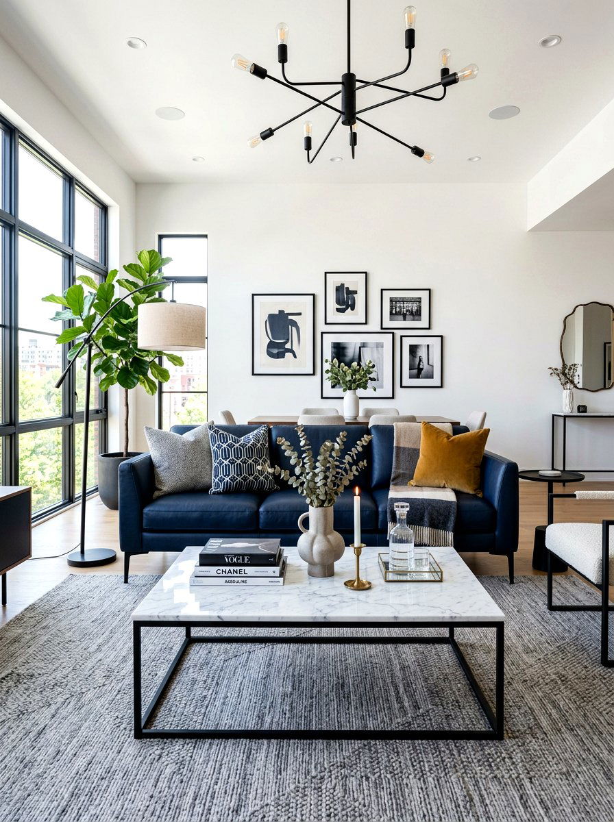 Modern navy living room - 30 blue and white living room decor ideas