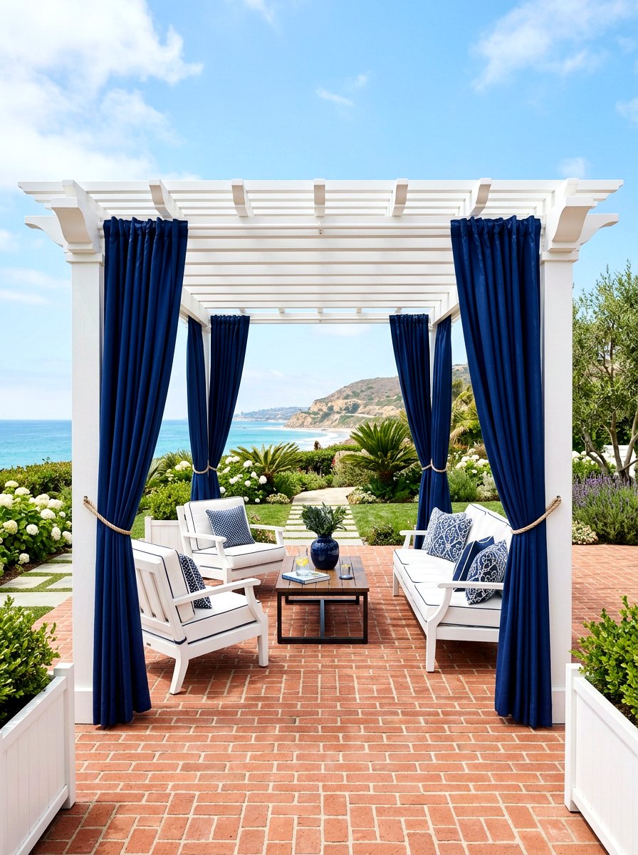 Modern navy pergola area - 30 pergola privacy curtain ideas
