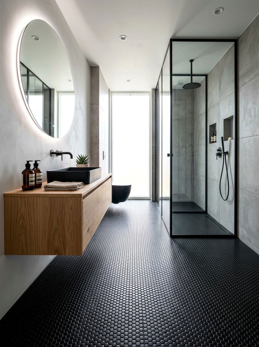 Modern penny tile floor - 30 penny tile bathroom ideas