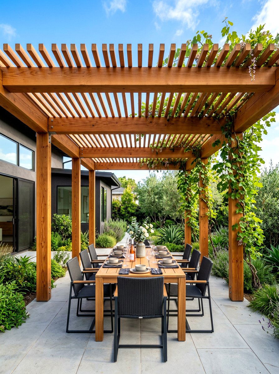 Modern pergola wood structure - 30 warm minimalist patio ideas