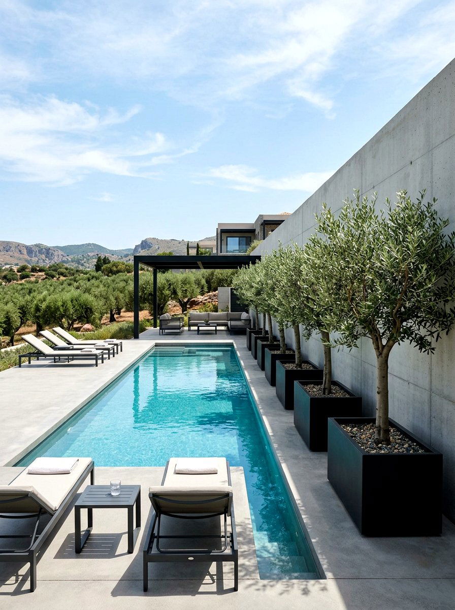 Modern pool landscape with olive trees - 30 poolside olive trees ideas