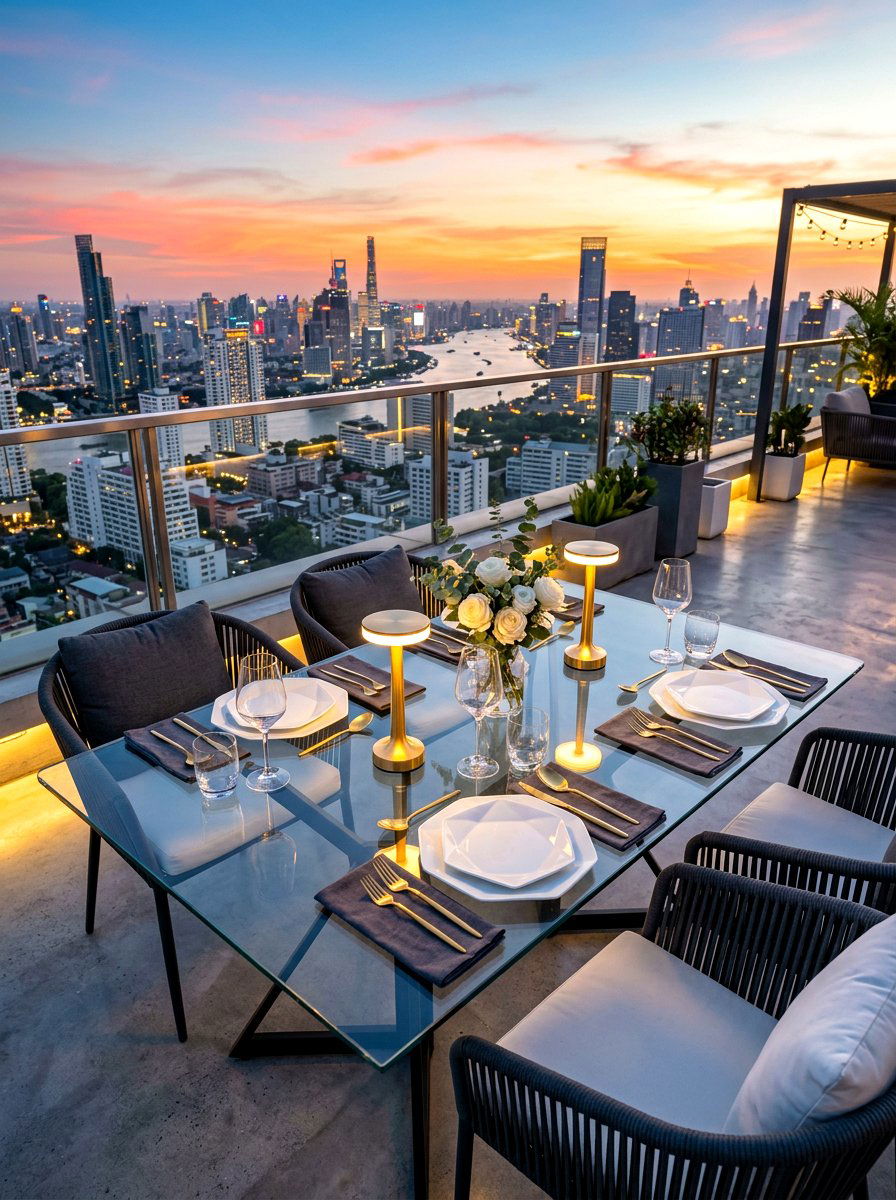 Modern rooftop dinner layout - 30 sunset dinner table ideas