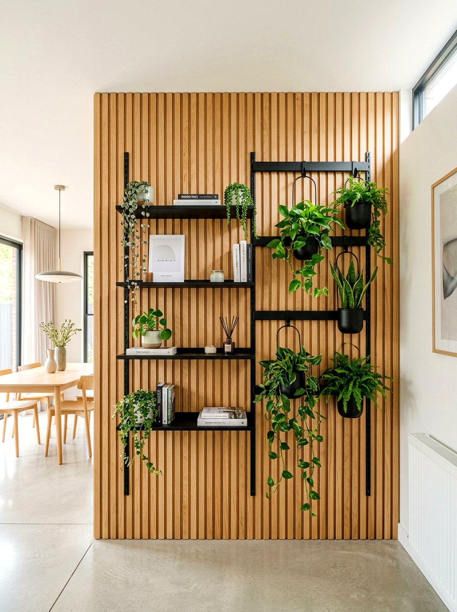 Modern slat wall - 30 drop zone shelf ideas
