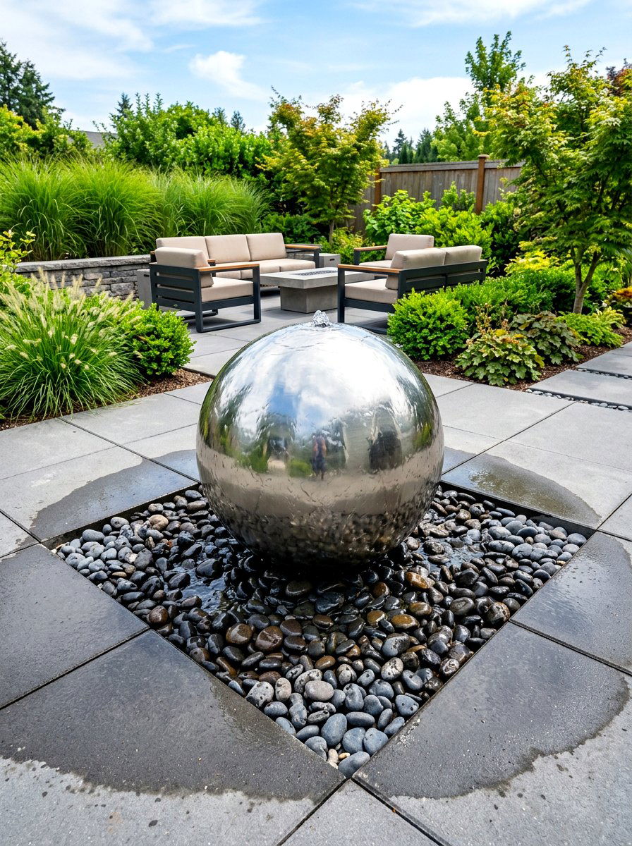 Modern sphere fountain - 30 patio fountain ideas