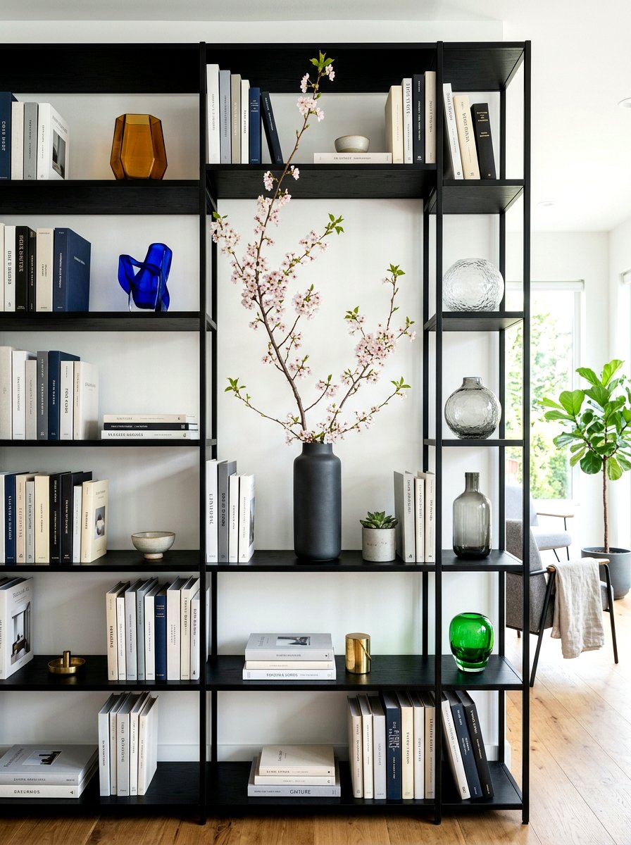 Modern spring bookshelf - 30 bookshelf spring styling ideas
