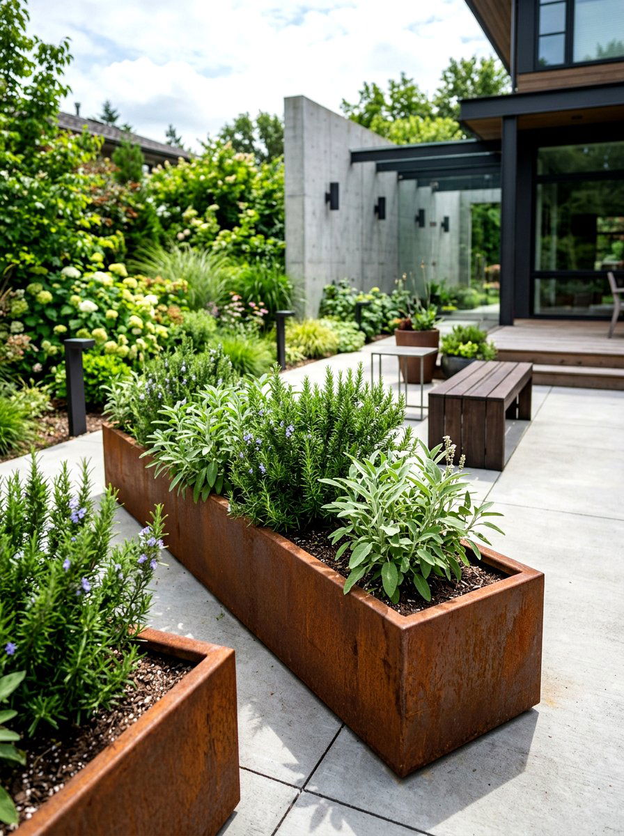 Modern steel herb troughs - 30 herb patio border ideas
