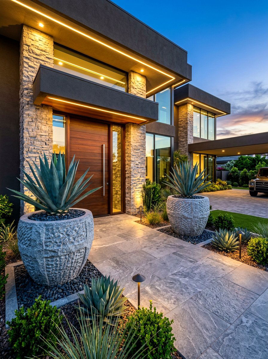 Modern stone entryway pots - 30 front porch planter ideas