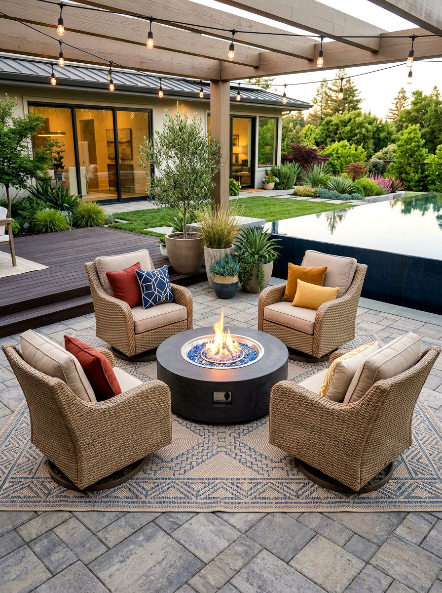 Modern swivel chair patio - 30 backyard fireplace seating ideas