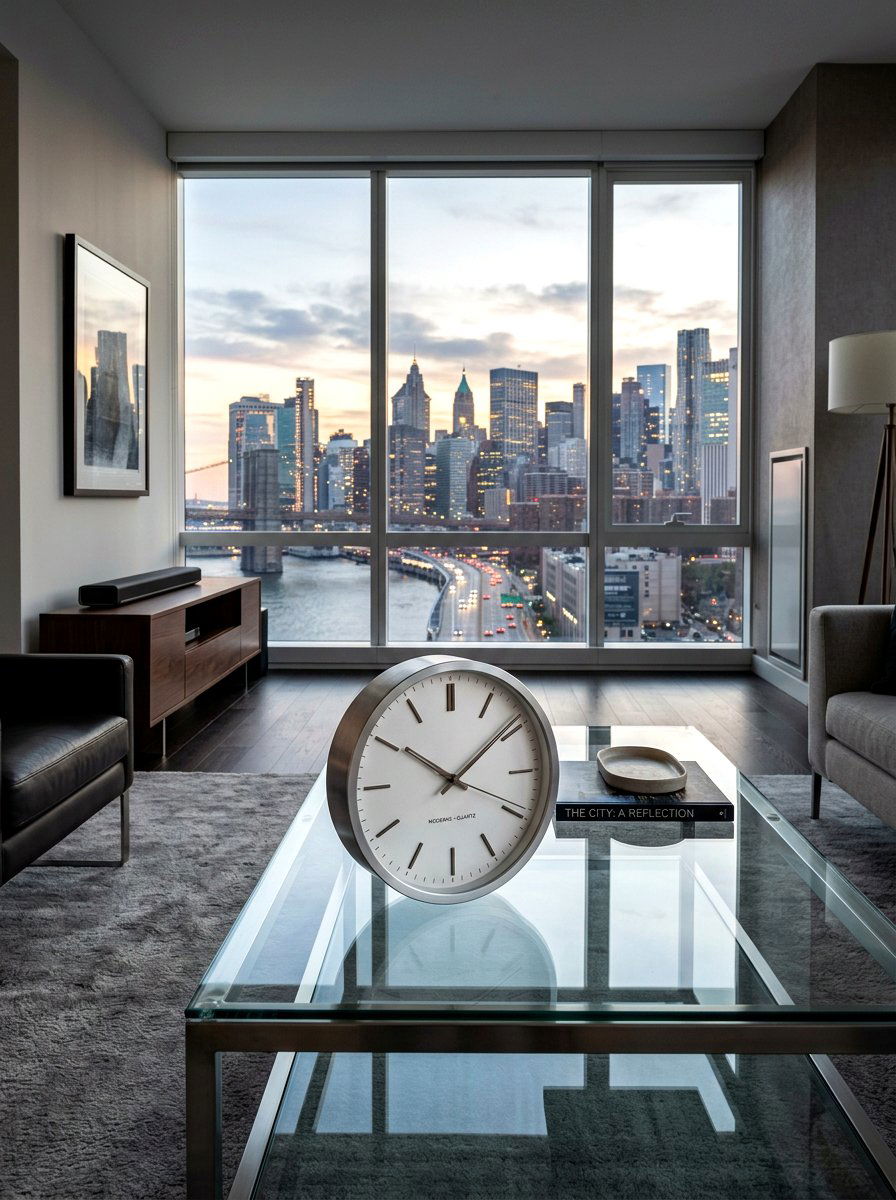 Modern table clock - 30 glass coffee table styling ideas