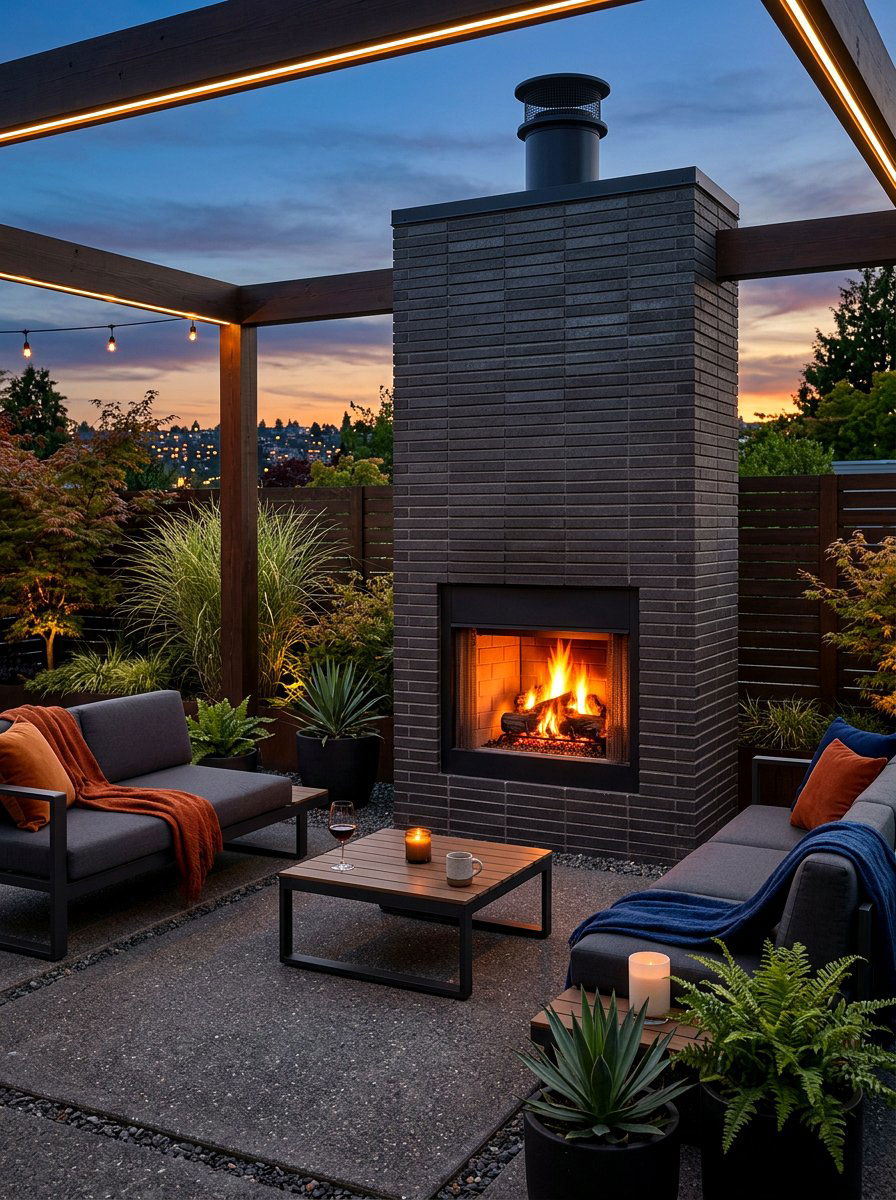 Modern thin brick fireplace backyard - 30 brick outdoor fireplace ideas