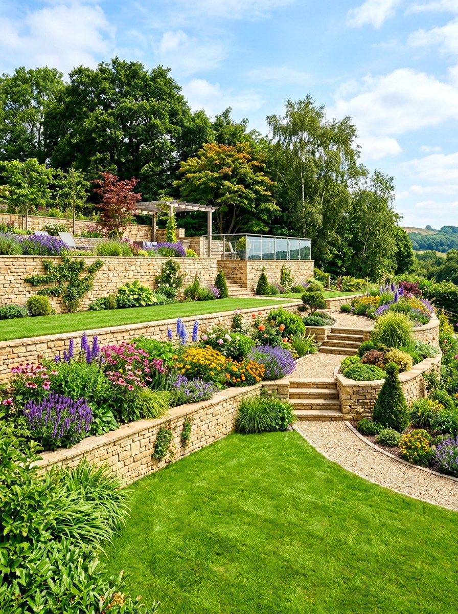 Modern tiered garden - 30 long narrow backyard ideas