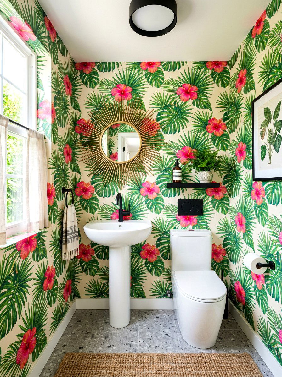 Modern tropical floral wallpaper - 30 floral wallpaper powder room ideas