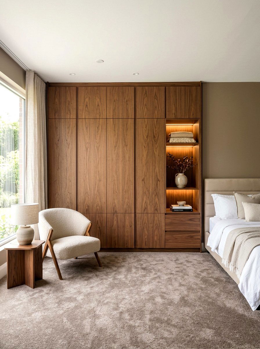 Modern walnut wardrobe in taupe space - 30 taupe and walnut bedroom ideas