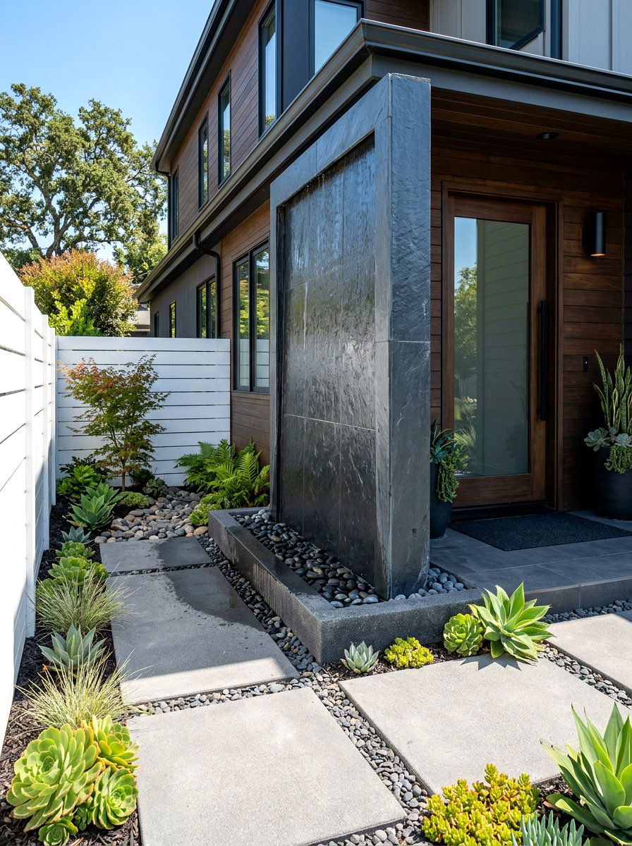 Modern water wall - 30 front yard water feature ideas