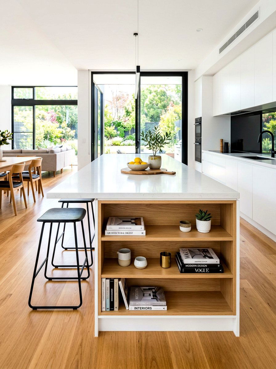 Modern white kitchen island with open shelving - 30 island bookshelf ideas