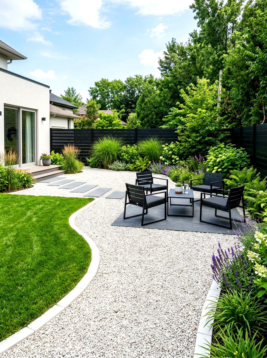 Modern white pea gravel backyard - 30 gravel border garden ideas