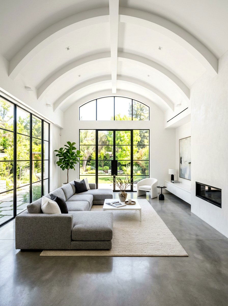 Modern white vaulted living room - 30 vaulted living room ideas