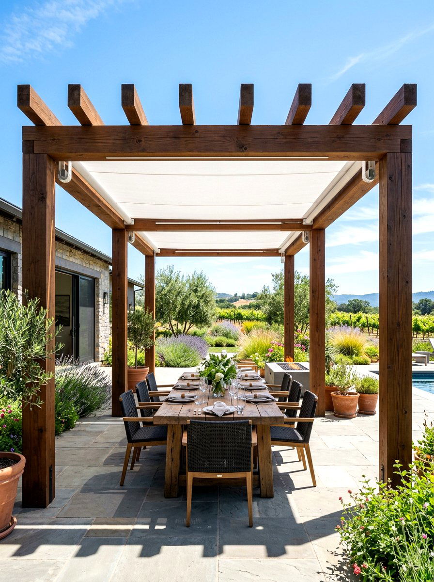 Modern wood pergola structure - 30 warm minimalist garden ideas