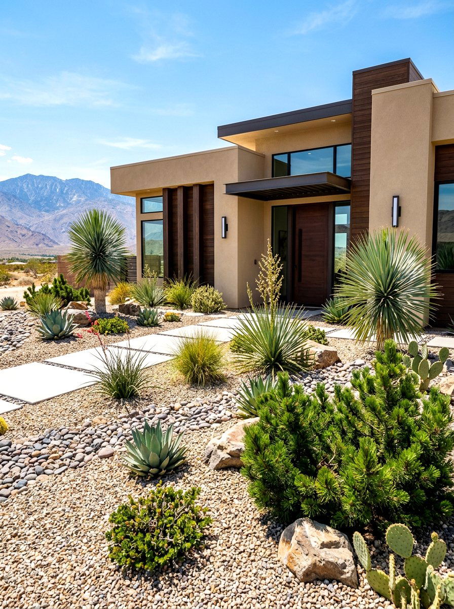 Modern xeriscape evergreens - 30 evergreen front yard ideas