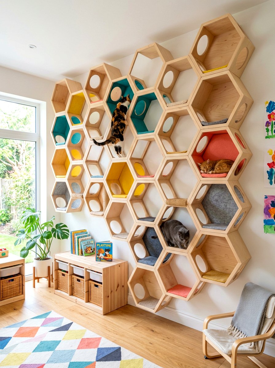 Modular Honeycomb Cat Shelf Wall - 30 cat shelf wall ideas