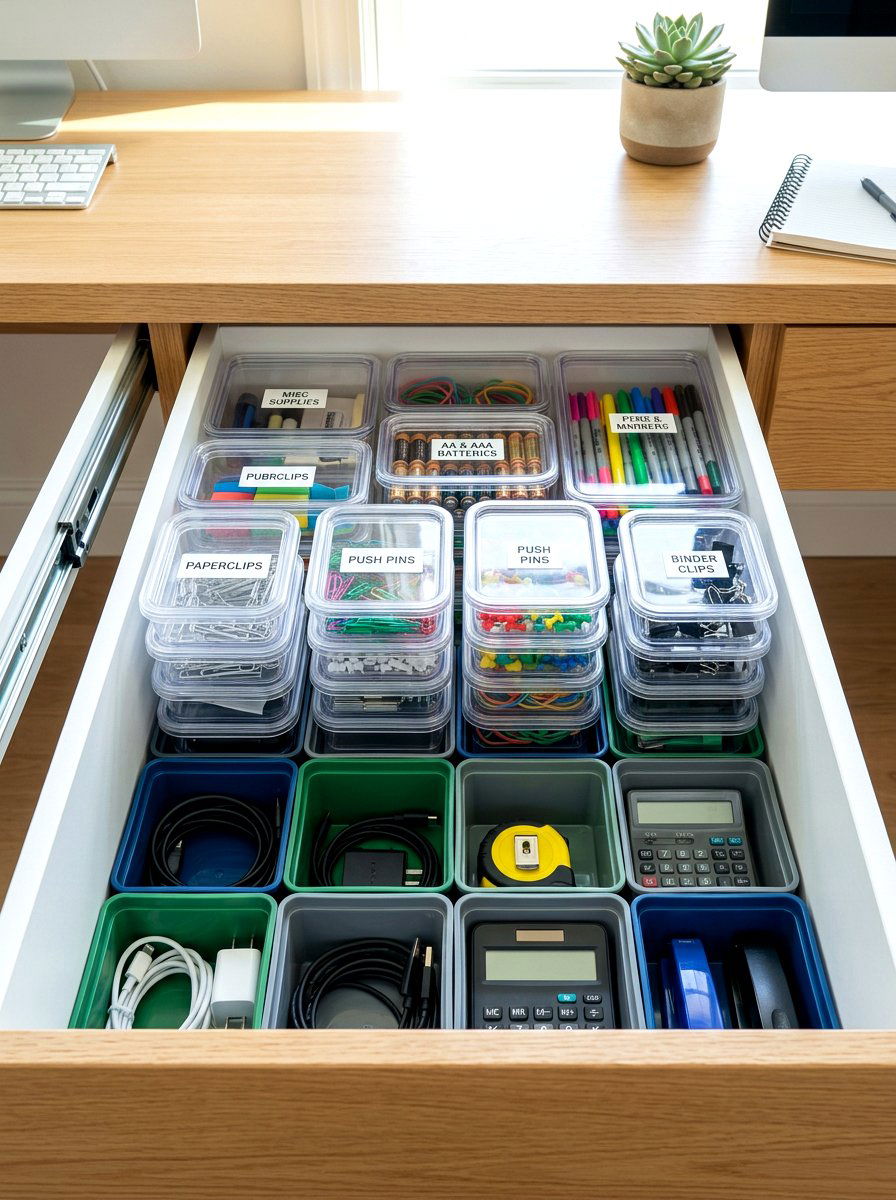 Modular Stacking Bins - 30 desk drawer organization ideas